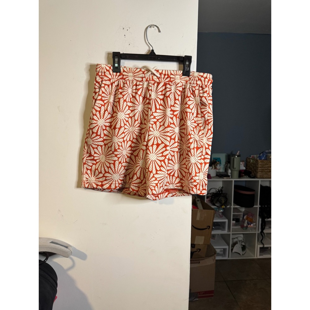 Mens Y2K drawstring shorts orange and cream floral